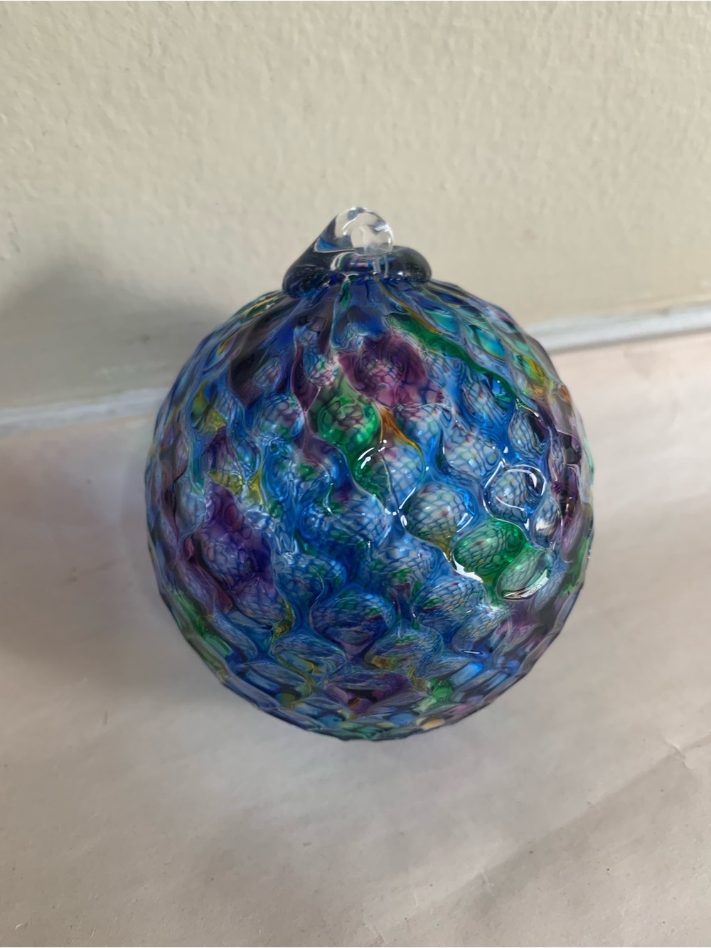 Hand Blown Art Glass Ornament Bullicante Iridescent Blue Green  Murano Style 4”